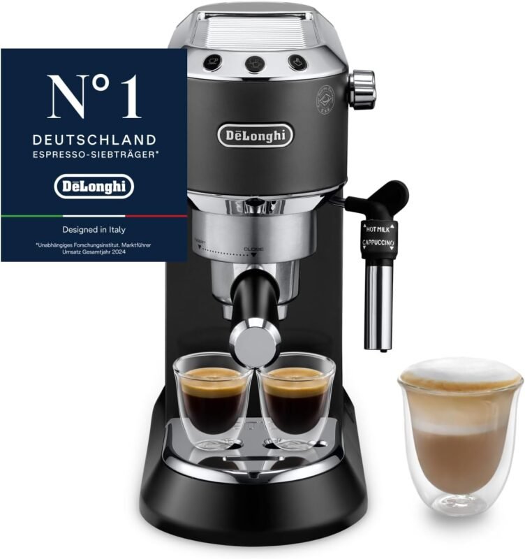 De'Longhi Dedica Style EC 685.BK Espresso Filter Holder Espresso Machine with Professional Milk Foam Nozzle 15 cm Wide 1 Litre Water Tank Full Metal Casing E.S.E Pads Black
