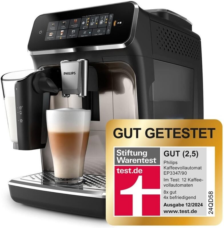 Philips 3300 Series Fully Automatic Coffee Machine - 6 Drinks, Modern Colour Touch Screen Display, LatteGo Milk System, SilentBrew, 100% Ceramic Grinder, AquaClean Filter, Black Chrome (EP3347/90)