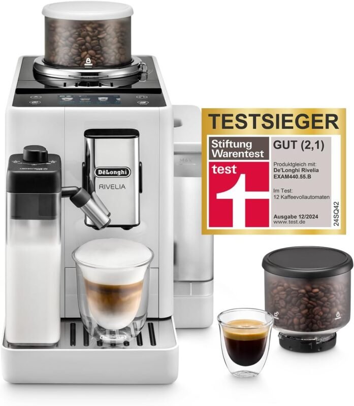 De’Longhi Rivelia - Perfetto Kaffeevollautomat mit LatteCrema-Milchaufschäumer, 16 One-Touch-Getränke, farbiges Touch-Display, austauschbare Bohnenbehälter, Weiß (EXAM440.55.W)