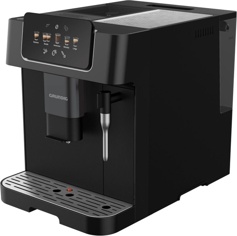 GRUNDIG KVA 6230 Kaffeevollautomat mit Milchaufschäumdüse, Edelstahlmahlwerk mit 13 Mahlgraden, 250 g Bohnenbehälter, 2 Liter abnehmbarer Wassertank, 19 Bar Pumpendruck, Touch-Display, Schwarz