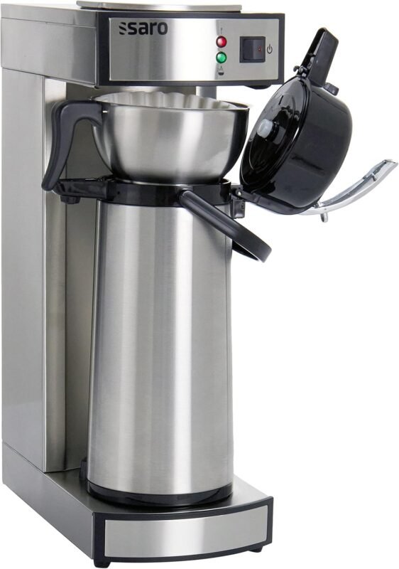 Saro 317-2085 Thermo Coffee Machine with Basket Filter and Thermos Flask, Industrial Coffee Machine with Thermos Jug (2.2 Litres, approx. 10 Cups, Brewing and Warming Function), Silver, 1.8 Litres