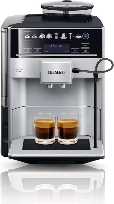 Siemens Kaffeevollautomat EQ6 plus s300, Milchsystem, 11 Getränke, automatische Reinigung des Milchsystems, Keramikmahlwerk, großes Touchdisplay, Silber, TE653501DE