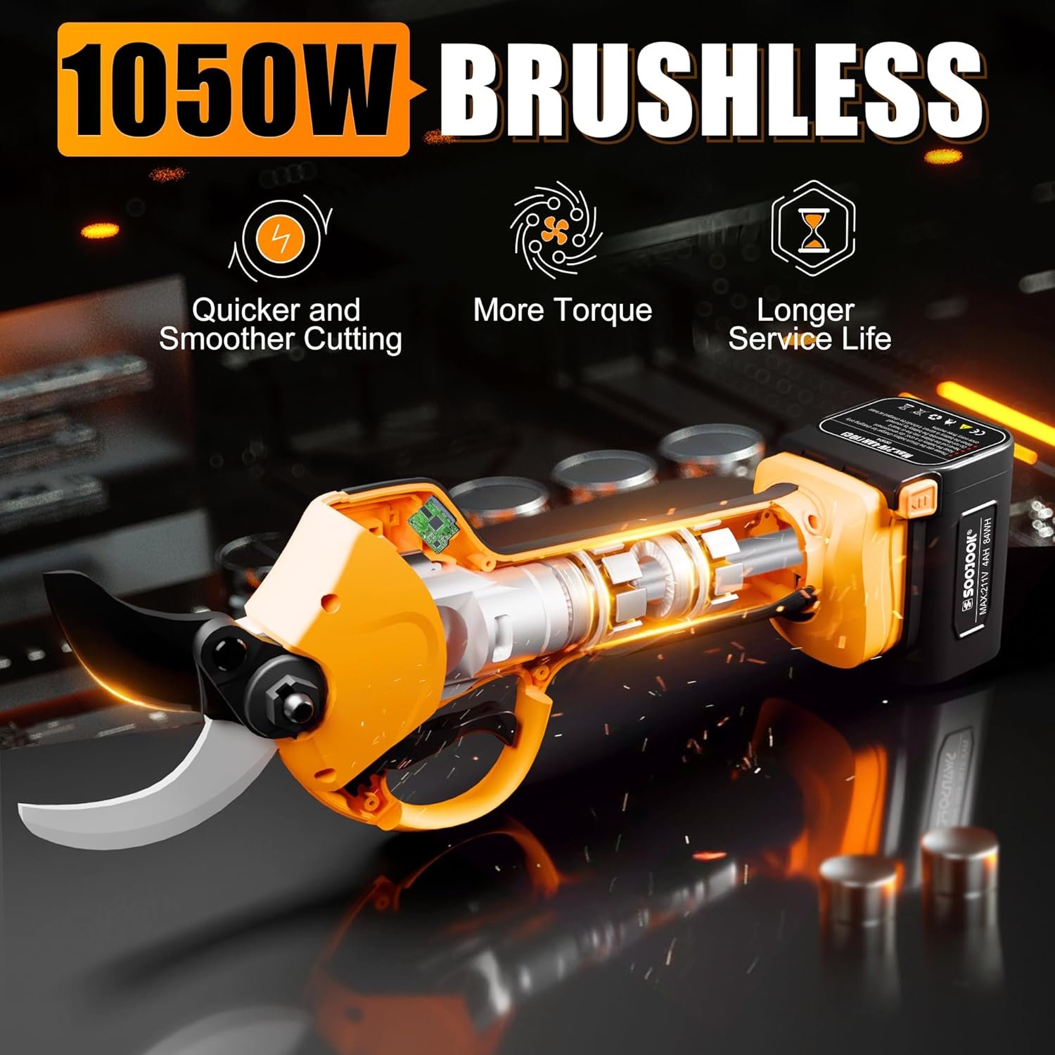 8605PRO Battery Pruning Shears, 40 mm Professional Electric Pruning Shears, 1050W 21V 2A + 4A Battery Loppers